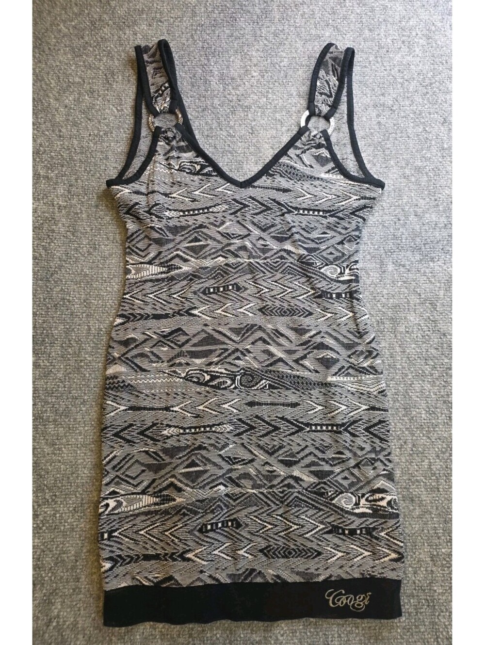 VTG COOGI Sleeveless Bodycon Dress Small Black White Patterned Knit Y2K O-Ring